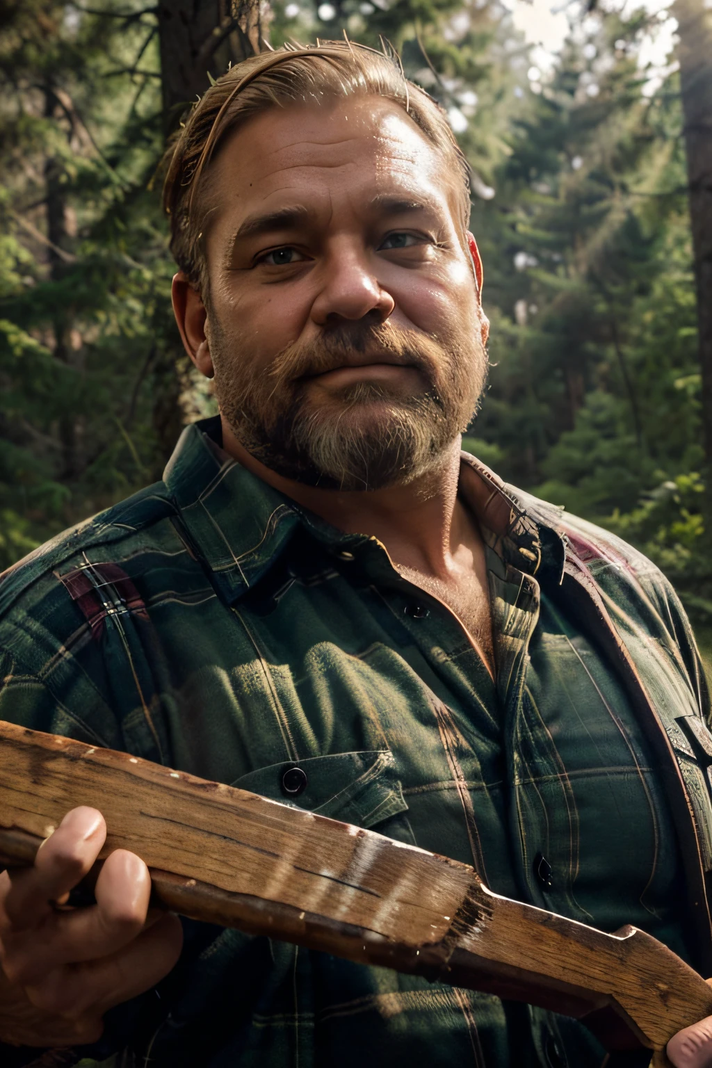 (an older lumberjack,overweight,silhouette,plaid shirt),blonde hair,strong built,holding a saw,making a plank,forest background,soft lighting,rustic,wood texture,high quality,realistic colors,photorealistic,vibrant greenery,hazy atmosphere,detailed beard,wrinkles on face,deep gaze