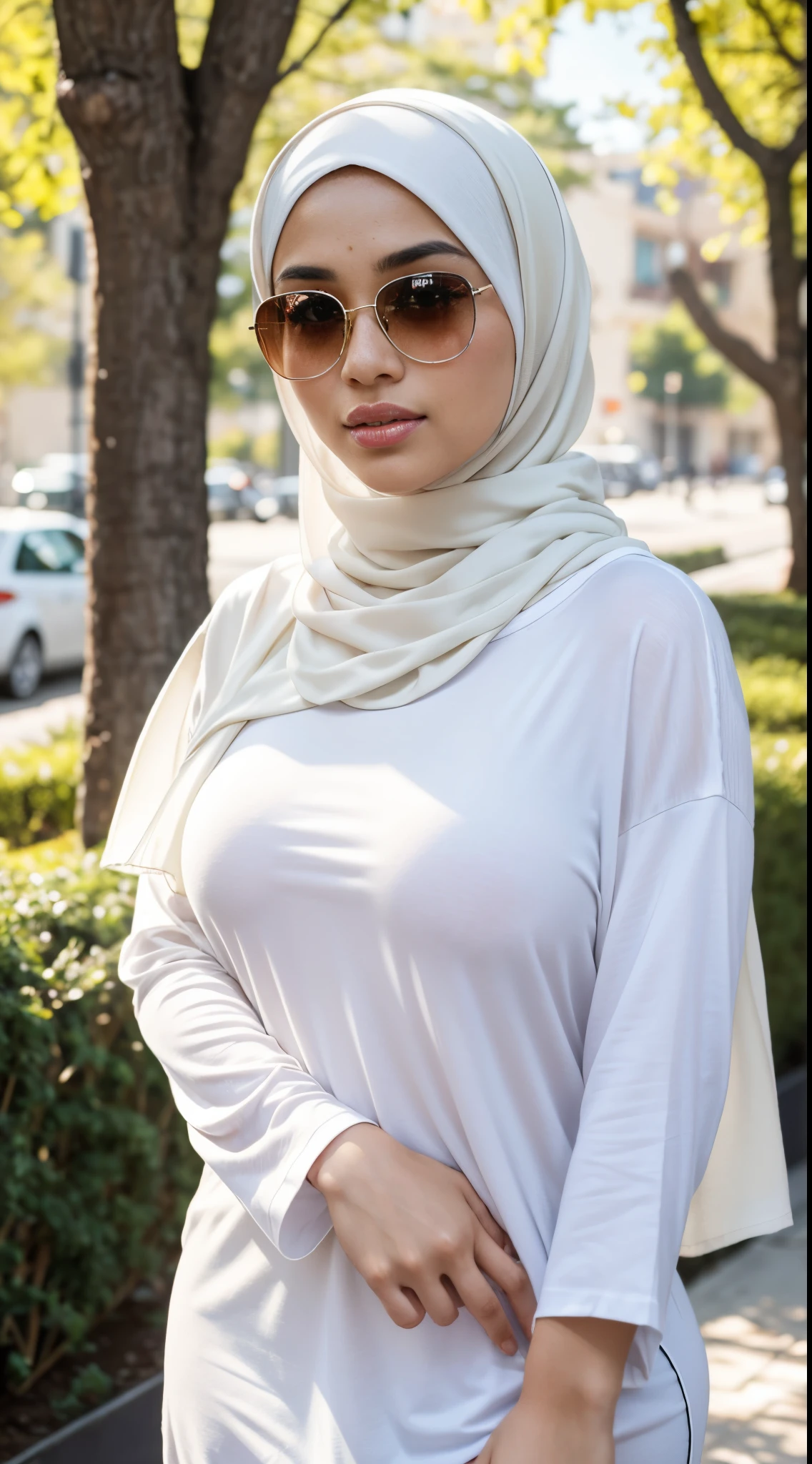 RAW, Best quality, high resolution, masterpiece: 1.3), beautiful Malay woman in hijab,Masterpiece, perfect fit body, ((Huge breasts)), big gorgeous eyes, Soft smile,wearing a white shirt and a scarf and a pair of sunglasses, white hijab, hijab, malay girl, with a white, in tshirt, wearing a fisher 🧥, casual clothing style, wearing a t-shirt, with a long white, 🤠 using a 🖥, white scarf, wearing in shirt, in cartoon style ,Delicate turtleneck, necklace, shairband, afternoon walk, City garden, Excellent lighting, Bright colors, Clean lines