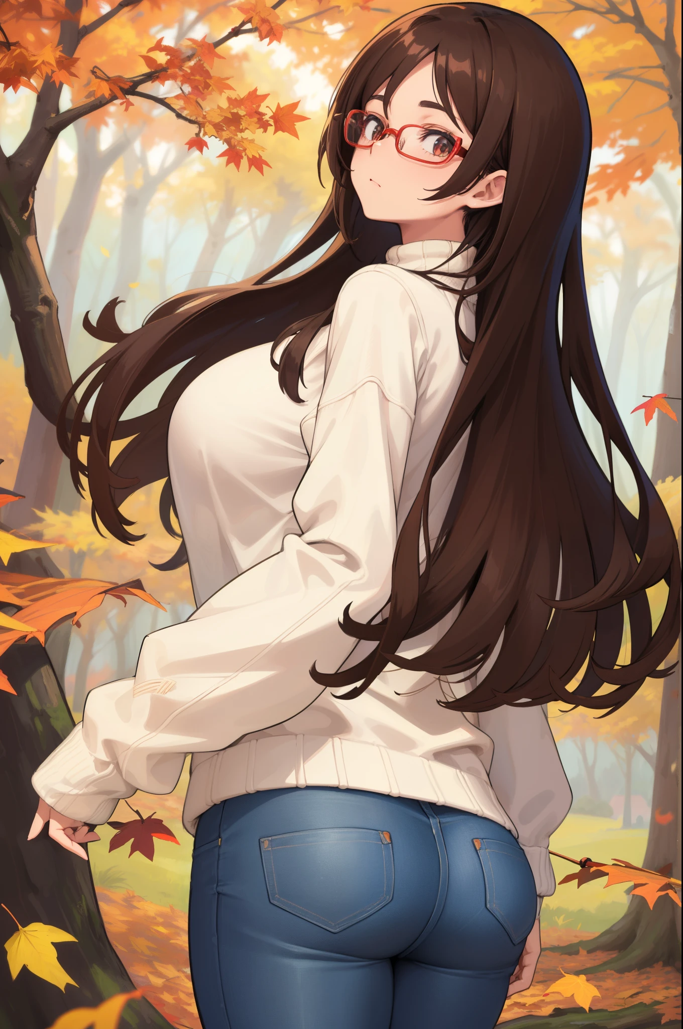 a woman with wide glasses wearing a sweater standing on a grass covered forest area, autumn, autumn leaves, glasses, tree, sweater, outdoors, looking at viewer, 1girl, long hair, sleeves past wrists, narrow waist, huge ass, brown hair, from behind, backshot from ground, closeup ass