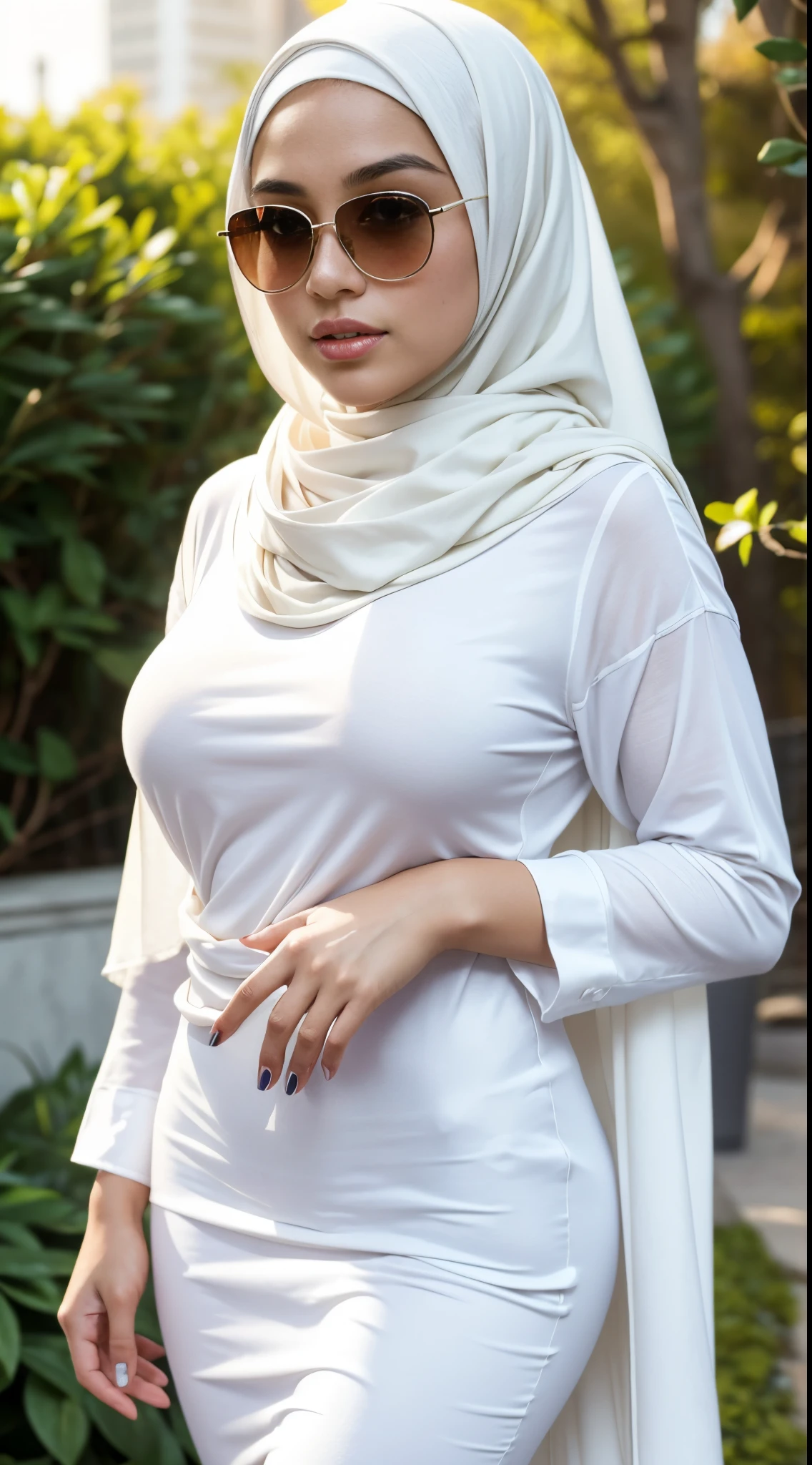 RAW, Best quality, high resolution, masterpiece: 1.3), beautiful Malay woman in hijab,Masterpiece, perfect slim fit body, (Huge breasts), big gorgeous eyes, Soft smile,wearing a white shirt and a scarf and a pair of sunglasses, white hijab, hijab, malay girl, with a white, in tshirt, wearing a fisher 🧥, casual clothing style, wearing a t-shirt, with a long white, 🤠 using a 🖥, white scarf, wearing in shirt, in cartoon style ,Delicate turtleneck, necklace, shairband, afternoon walk, City garden, Excellent lighting, Bright colors, Clean lines