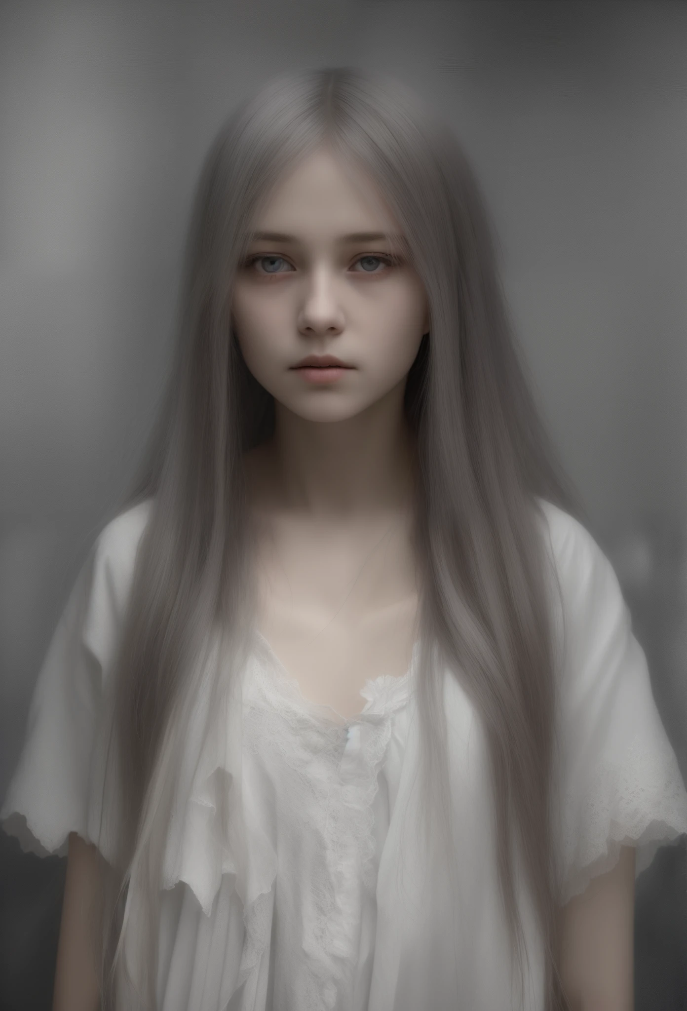 1girl, alone, long hair, Looking at Viewer, white eyes, empty eyes, long white hair, shed, sparse hair, No humans, old man, haunting, mist, portrait, horror (theme), (((blurry))) , masterpiece, high quality, realistic, detailed, 8k, horror theme,