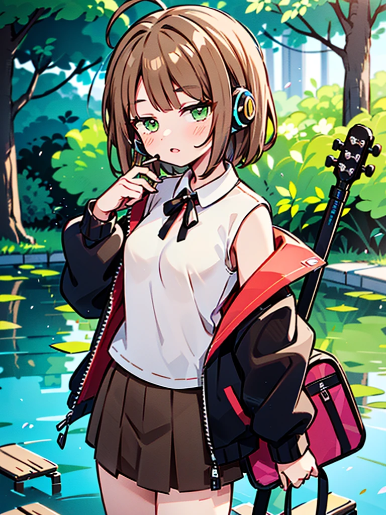 ((((Riina Tada from Idol master)))), ((1little girl)), 16yo, (((light brown hair))), (green eyes), ((Hair parting is on the left side)), (((diagonal bangs))), (Blunt bangs), (middle hair), (((headphones on her neck))), (with guitar case),
White tee shirt, pleatedskirt, Black jacket,
((small tits)), pond,