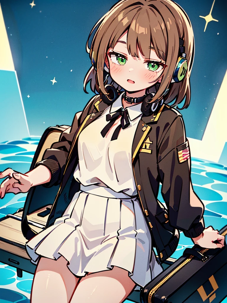 ((((Riina Tada from Idol master)))), ((1little girl)), 16yo, (((light brown hair))), (green eyes), ((Hair parting is on the left side)), (((diagonal bangs))), (Blunt bangs), (middle hair),  (((headphones on her neck))), (with guitar case), 
White tee shirt, pleatedskirt, Black jacket,
((small tits)), pond,