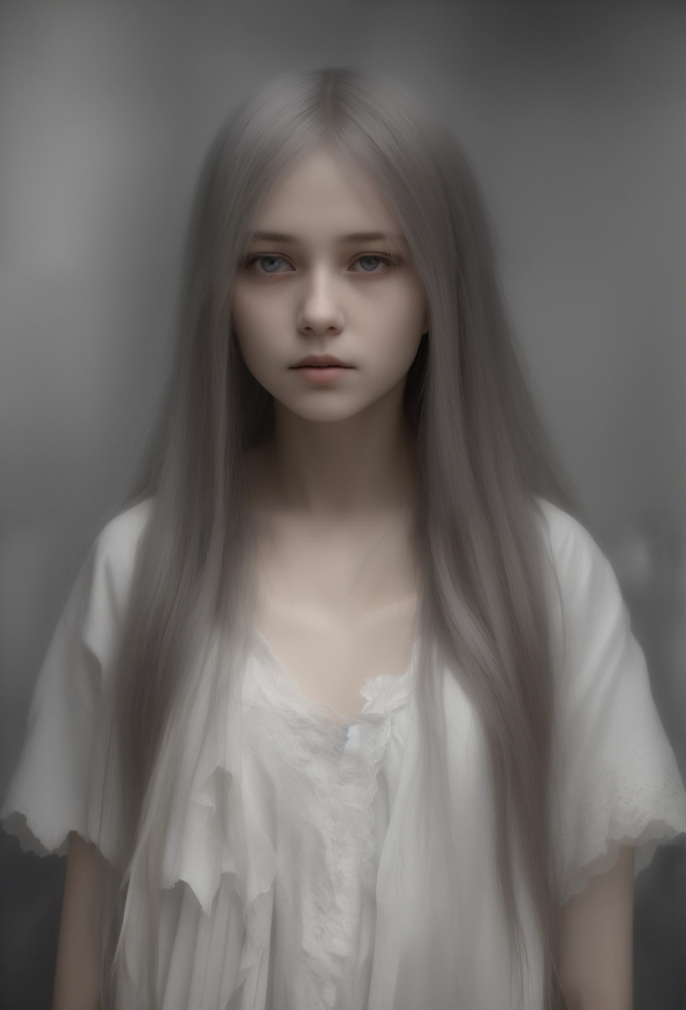 1girl, alone, long hair, Looking at Viewer, white eyes, empty eyes, long white hair, shed, sparse hair, No humans, old man, haunting, mist, portrait, horror (theme), (((blurry))) , masterpiece, high quality, realistic, detailed, 8k, horror theme,