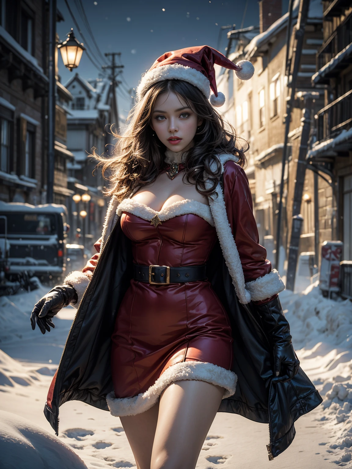 Erotic Santa woman,dynamic lights, photorealism, beautiful, photorealism, photo,cinematic, very high detailed, snow,Different Cinematic scene