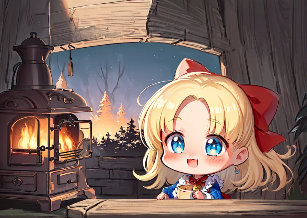 (Masterpiece, Best Quality:1.3), absurdres, official style, fantasy art, best illustration, outline, (thick lineart:1.4), (chibi:1.3), blush, (dynamic pose, dynamic angle:1.1), nadja, (ultra-detailed portrait), (8k resolution), upper body, 1girl, (solo), (looking at viewer), blonde hair, lips, :d, (parted bangs:1.2), (Detailed eyes, blue eyes:1.2), (perfect face, focus face), smile, frilled dress, red bow, white apron, argyle, heart brooch, holding, bow, jewelry, standing, (depth of field), sharp focus, (red argyle sleeves:1.erfect composition, dappled sunlight, tree, shaded face, fantasy setting, fairytale, cooking, food, steam, wood stove, brick chimney, german aesthetic, various colors, (details:1.2), colorful, shadow, scenery, graphedium\), intricate, caustics, wide shot, extremely detailed background