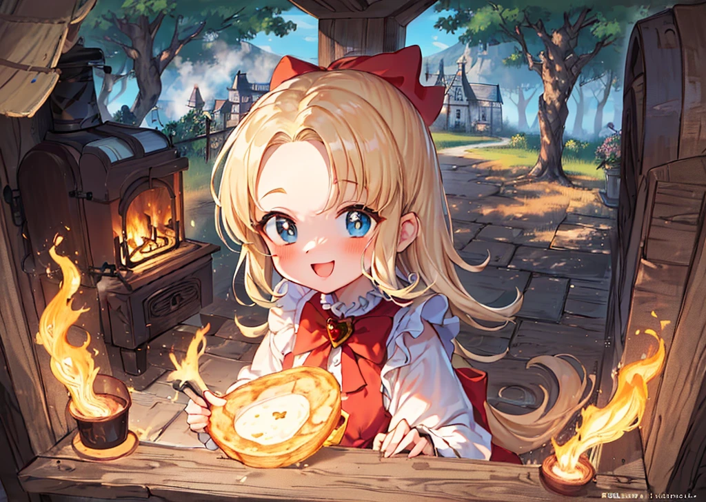 (Masterpiece, Best Quality:1.3), absurdres, official style, fantasy art, best illustration, outline, (thick lineart:1.4), (chibi:1.3), blush, (dynamic pose, dynamic angle:1.1), nadja, (ultra-detailed portrait), (8k resolution), upper body, 1girl, (solo), (looking at viewer), blonde hair, lips, :d, (parted bangs:1.2), (Detailed eyes, blue eyes:1.2), (perfect face, focus face), smile, frilled dress, red bow, white apron, argyle, heart brooch, holding, bow, jewelry, standing, (depth of field), sharp focus, (red argyle sleeves:1.erfect composition, dappled sunlight, tree, shaded face, fantasy setting, fairytale, cooking, food, steam, wood stove, brick chimney, german aesthetic, various colors, (details:1.2), colorful, shadow, scenery, graphedium\), intricate, caustics, wide shot, extremely detailed background