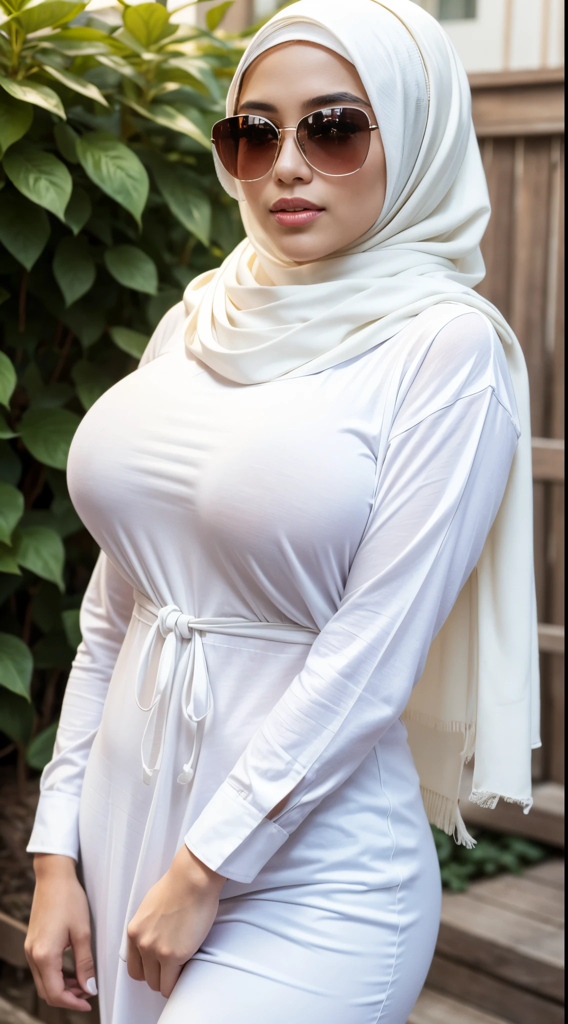 RAW, Best quality, high resolution, masterpiece: 1.3), beautiful Malay woman in hijab,Masterpiece, perfect fit body, ((Huge breasts)), big gorgeous eyes, Soft smile,wearing a white shirt and a scarf and a pair of sunglasses, white hijab, hijab, malay girl, with a white, in tshirt, wearing a fisher 🧥, casual clothing style, wearing a t-shirt, with a long white, 🤠 using a 🖥, white scarf, wearing in shirt, in cartoon style ,Delicate turtleneck, necklace, shairband, afternoon walk, City garden, Excellent lighting, Bright colors, Clean lines