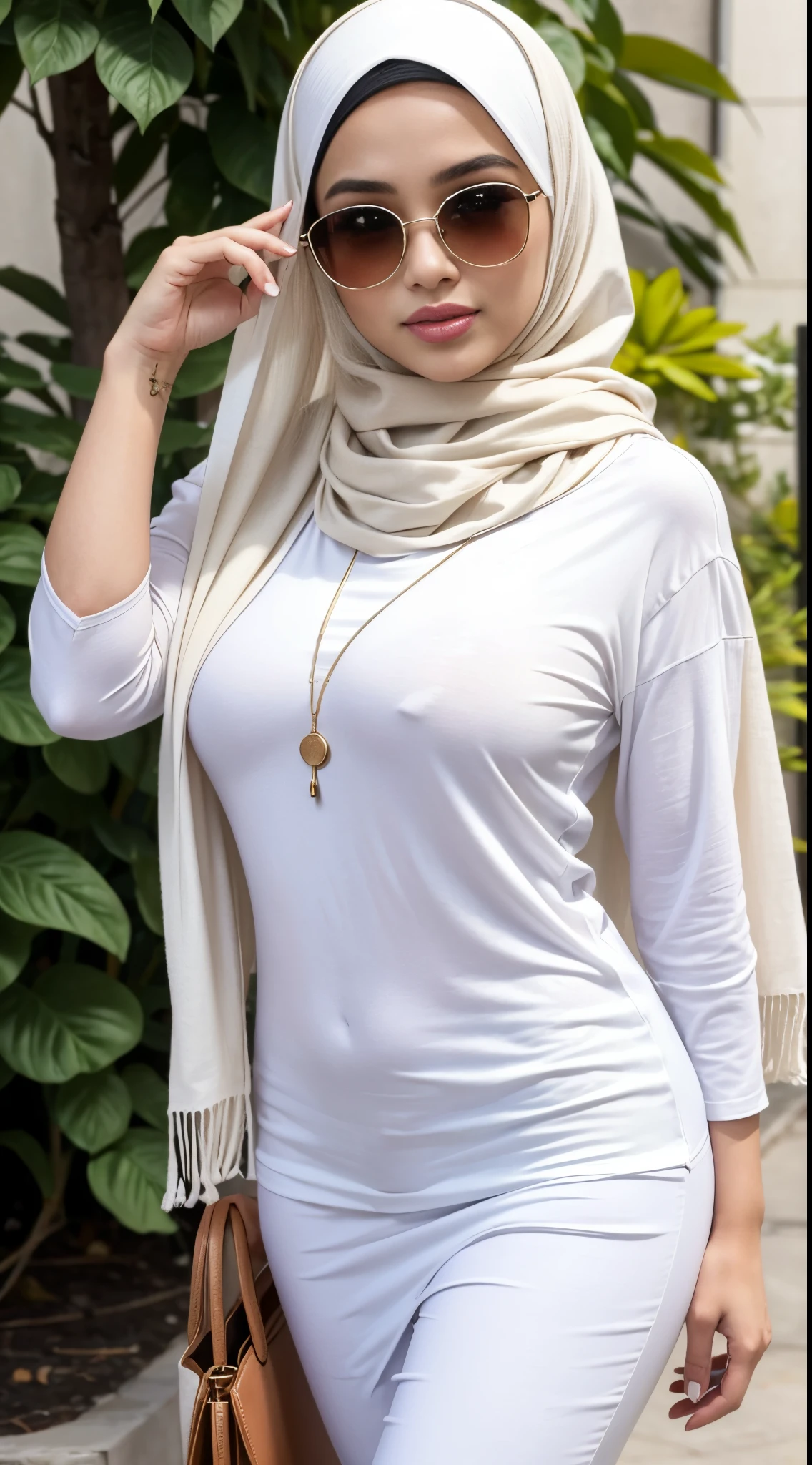 RAW, Best quality, high resolution, masterpiece: 1.3), beautiful Malay woman in hijab,Masterpiece, perfect fit body, ((Huge breasts)), big gorgeous eyes, Soft smile,wearing a white shirt and a scarf and a pair of sunglasses, white hijab, hijab, malay girl, with a white, in tshirt, wearing a fisher 🧥, casual clothing style, wearing a t-shirt, with a long white, 🤠 using a 🖥, white scarf, wearing in shirt, in cartoon style ,Delicate turtleneck, necklace, shairband, afternoon walk, City garden, Excellent lighting, Bright colors, Clean lines