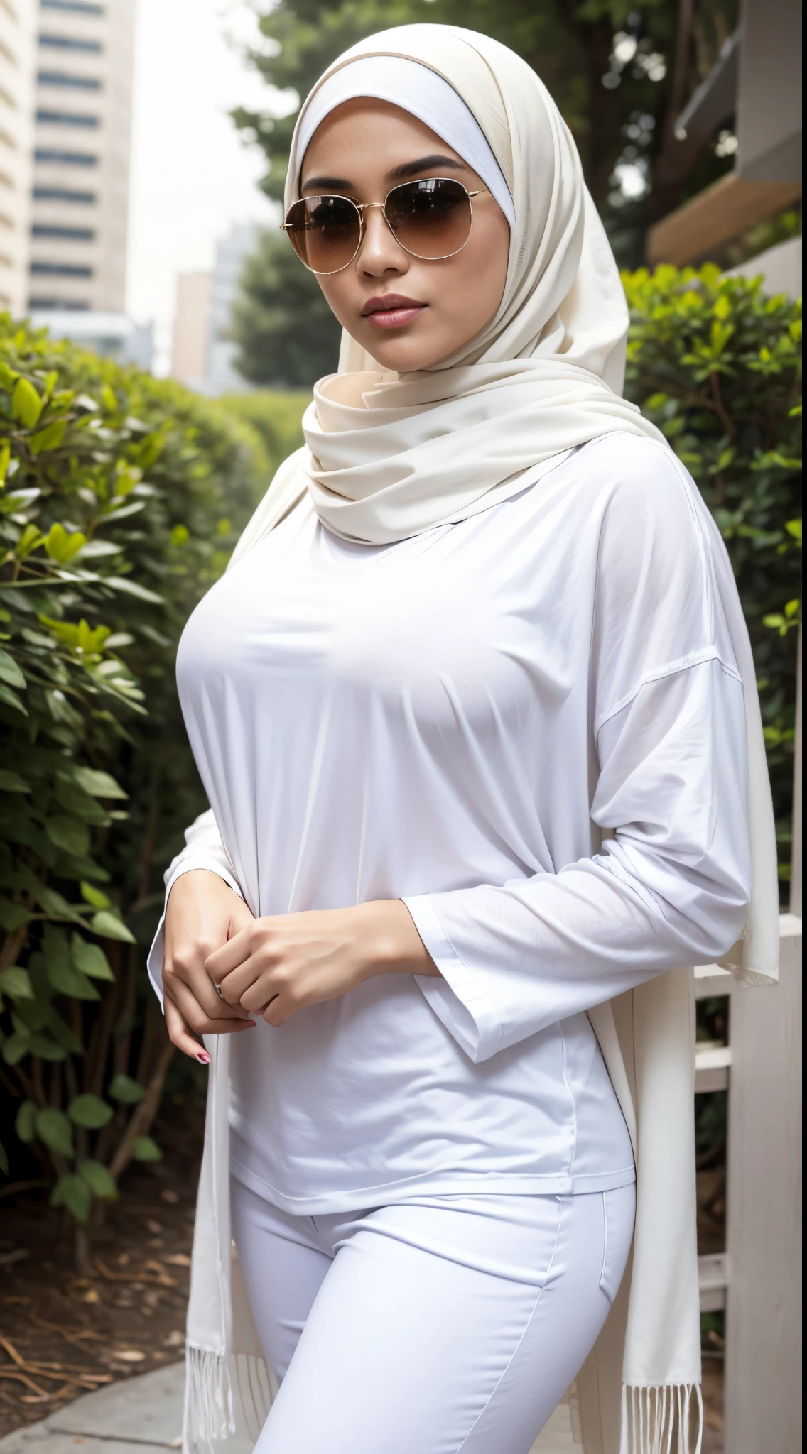 RAW, Best quality, high resolution, work: 1.3), Beautiful Malay woman in hijab (iu:0.8),Malay girl in hijab wearing baju kurung with small flower pattern,Realistic, Top quality, Natural light, Clear focus, Girl, Perfect figure, Slim abs, White baju kurung modern, En plein air, street, ultra-slender face, Narrow eyes, Double eyelids, Long legs, White thin, white jean, Beautiful butt, long limbs, Protruding round butt, gait