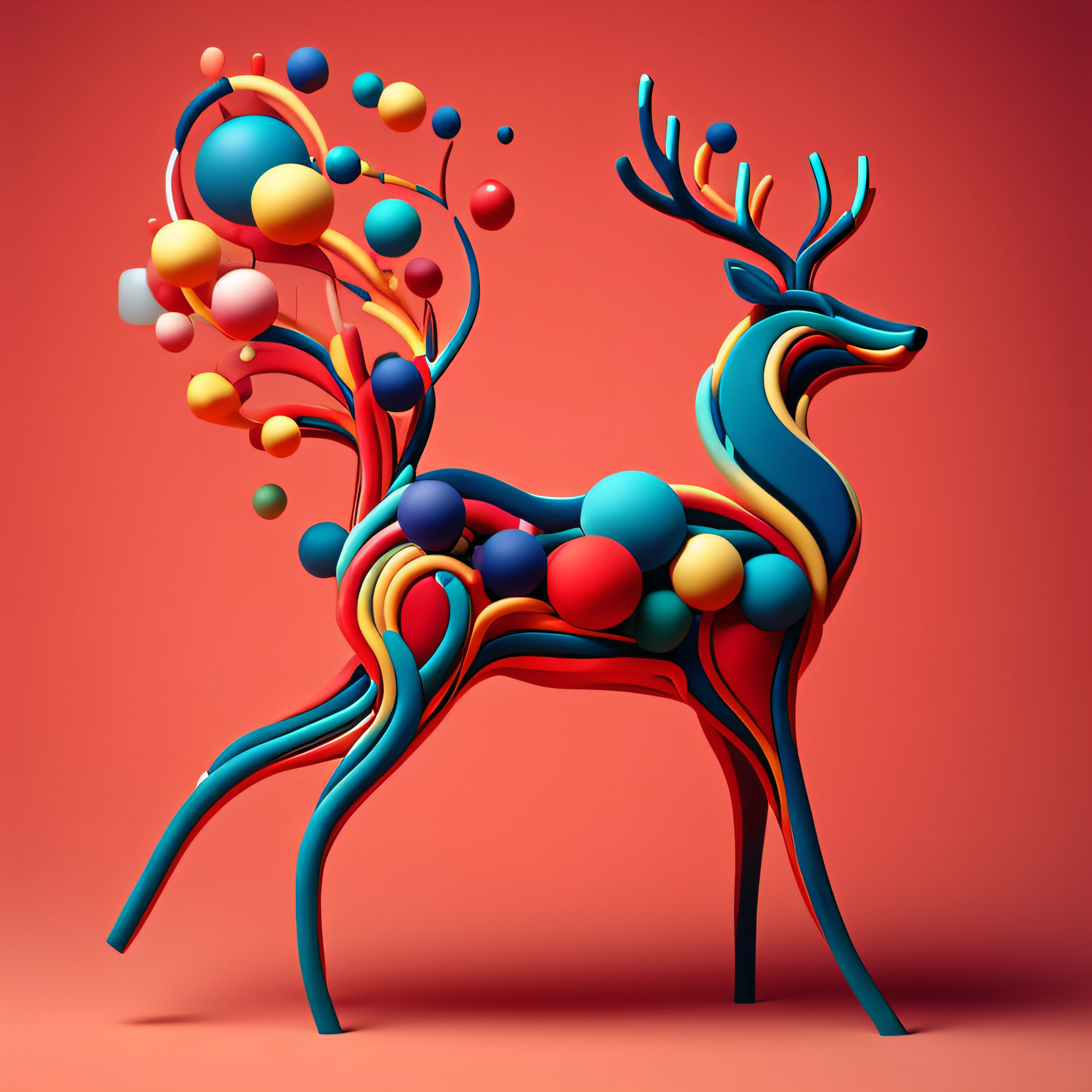 3dabstractreindeer, minimalistic colorful organic forms, energy, assembled, layered, depth, alive vibrant, 3D, abstract, on a light red background