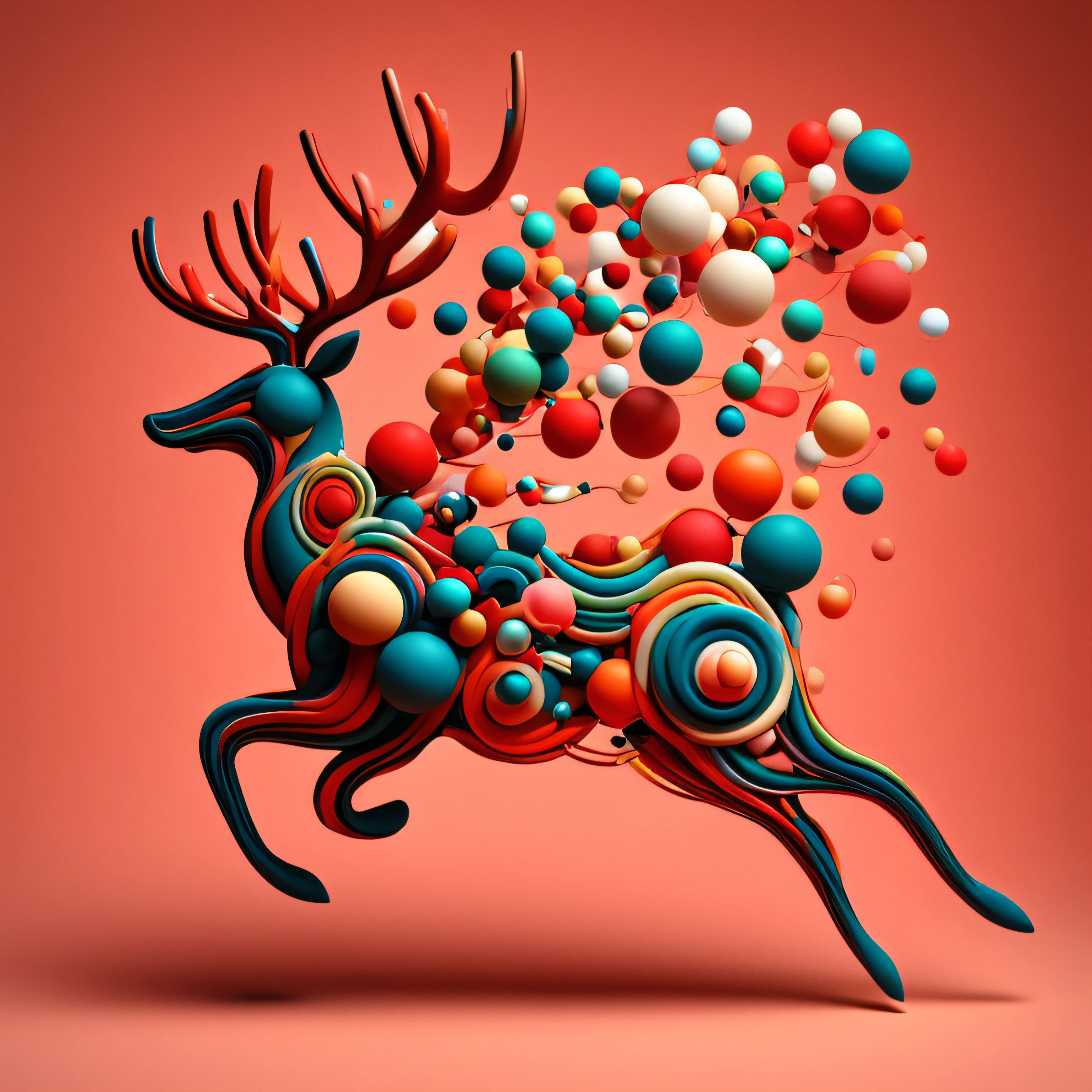 3dabstractreindeer, minimalistic colorful organic forms, energy, assembled, layered, depth, alive vibrant, 3D, abstract, on a light red background