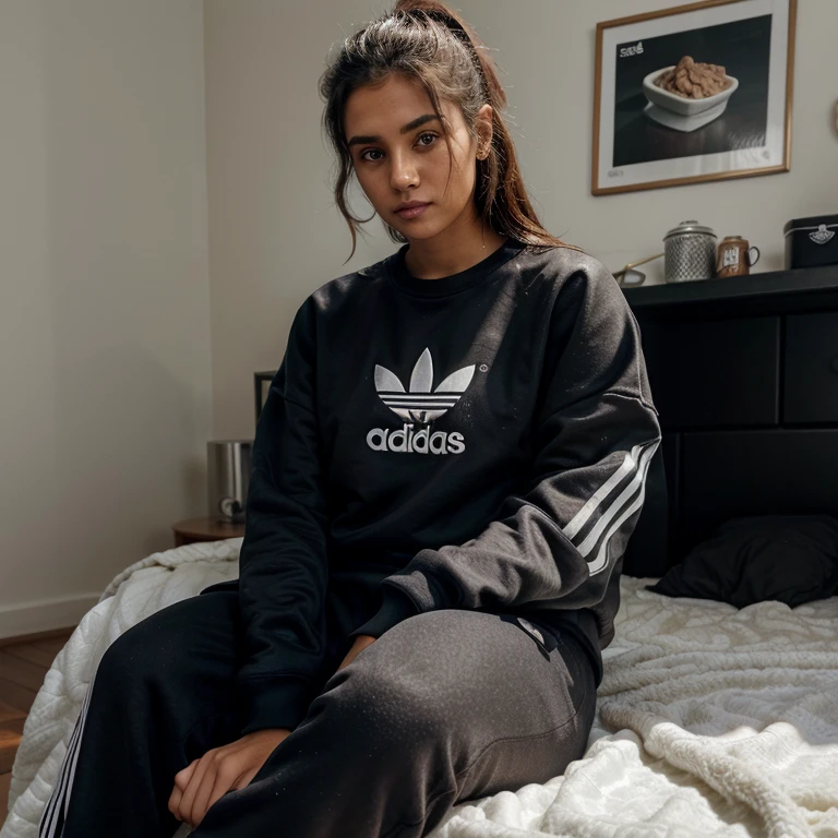 23-year-old woman wearing an Adidas brand sweatshirt, con un pans negro ancho, en su cuarto