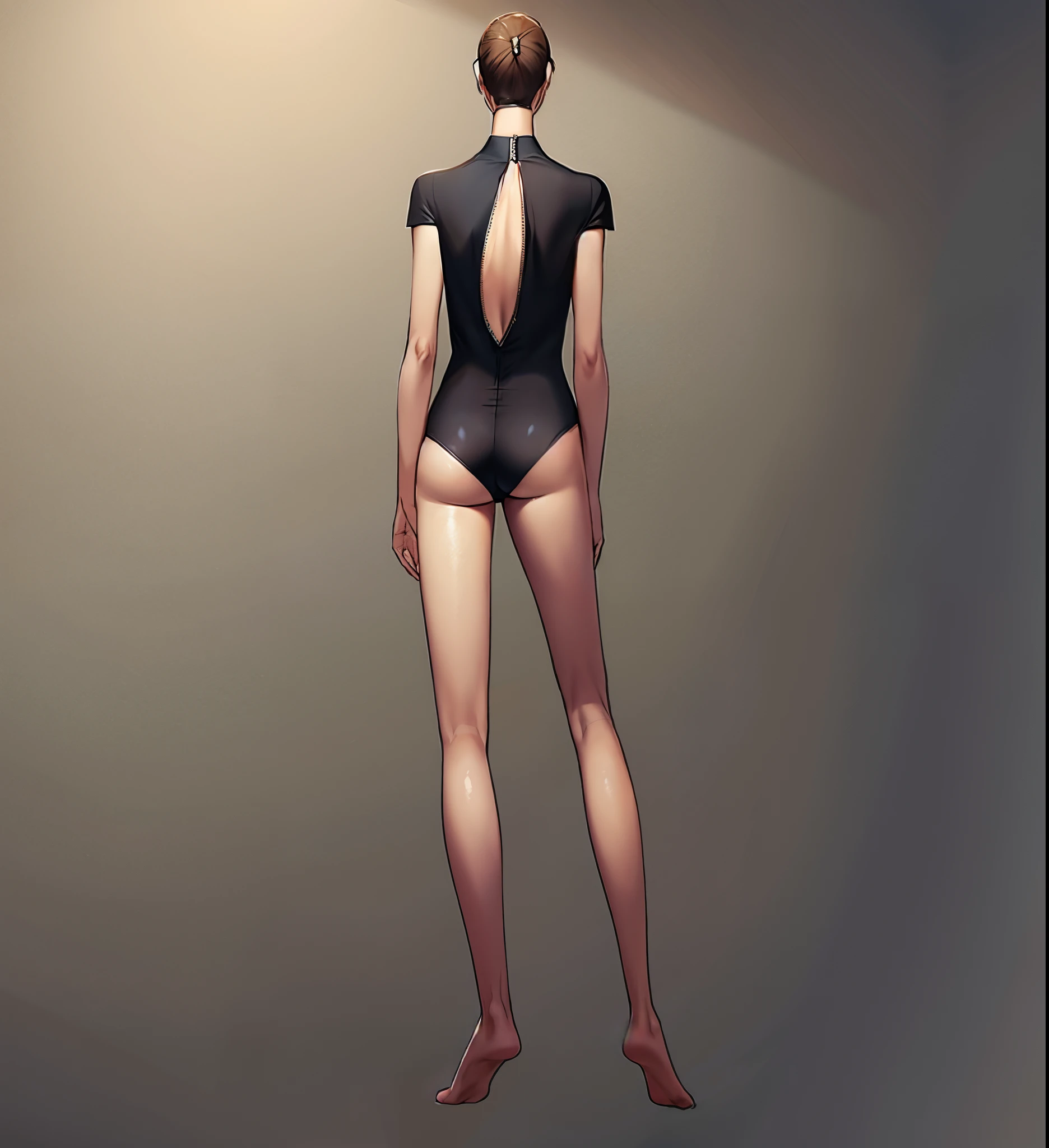 A fashion sketch's back, fair skin, brown hair, wearing a one-piece swimsuit with exposed seams at the neckline.