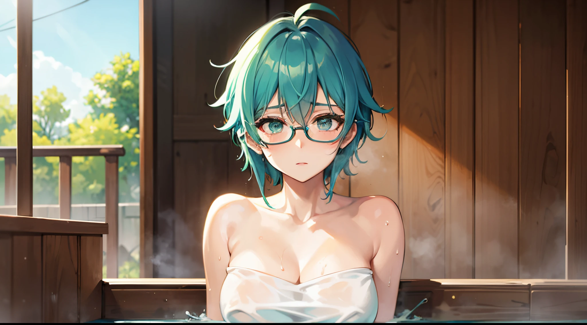 1girl, solo, 53 years old, milf, teal and green hair, messy hair, asymmetrical hair, ahoge, very short hair, aqua eyes, medium breasts, pale skin, glasses, sauna, wet, naked towel