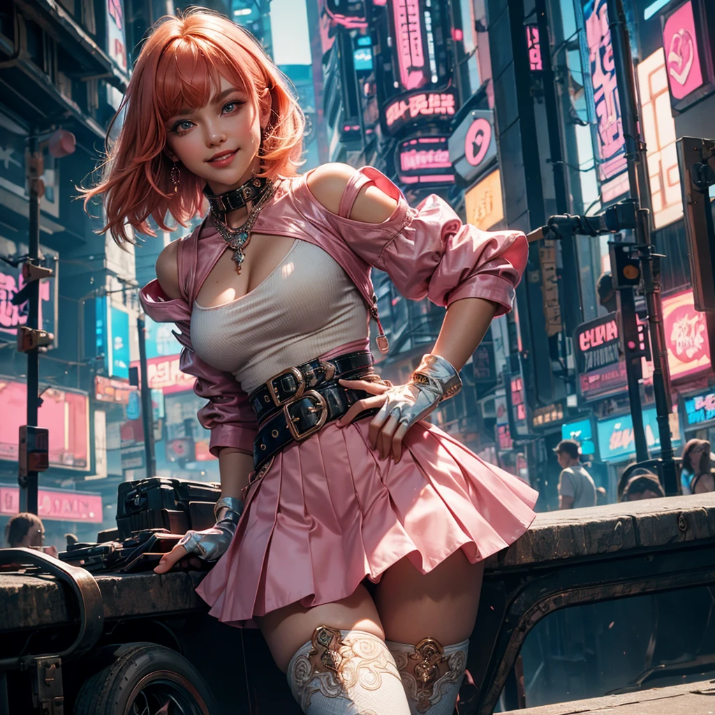 1girl, solo, cowboy shot, beautiful noralkyrie, looking at viewer, blush, smile, short hair, bangs, blue eyes, holding, hair between eyes, jewellery, medium breasts, collarbone, cowboy shot, shiny orange hair, grin, blue cropped jacket, white thighhighs, dynamic pose, metallic gloss, ((aesthetic cyberpunk)), (volumetric lighting), best quality, masterpiece, intricate details, tonemapping, sharp focus, hyper detailed, heart cut-out, pink skirt, pink belt, short puffy sleeves, single armband, fingerless pink gloves, white ankle boots with pink soles, cyberpunk city background