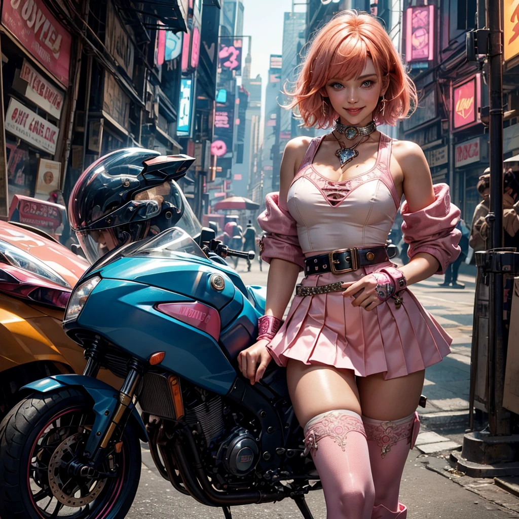 1girl, solo, cowboy shot, beautiful noralkyrie, looking at viewer, blush, smile, short hair, bangs, blue eyes, holding, hair between eyes, jewellery, medium breasts, collarbone, cowboy shot, shiny orange hair, grin, blue cropped jacket, white thighhighs, dynamic pose, metallic gloss, ((aesthetic cyberpunk)), (volumetric lighting), best quality, masterpiece, intricate details, tonemapping, sharp focus, hyper detailed, heart cut-out, pink skirt, pink belt, short puffy sleeves, single armband, fingerless pink gloves, white ankle boots with pink soles, cyberpunk city background