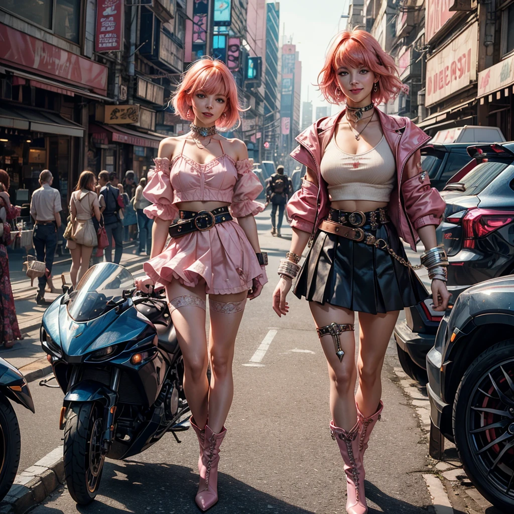 1girl, solo, cowboy shot, beautiful noralkyrie, looking at viewer, blush, smile, short hair, bangs, blue eyes, holding, hair between eyes, jewellery, medium breasts, collarbone, cowboy shot, shiny orange hair, grin, blue cropped jacket, white thighhighs, dynamic pose, metallic gloss, ((aesthetic cyberpunk)), (volumetric lighting), best quality, masterpiece, intricate details, tonemapping, sharp focus, hyper detailed, heart cut-out, pink skirt, pink belt, short puffy sleeves, single armband, fingerless pink gloves, white ankle boots with pink soles, cyberpunk city background