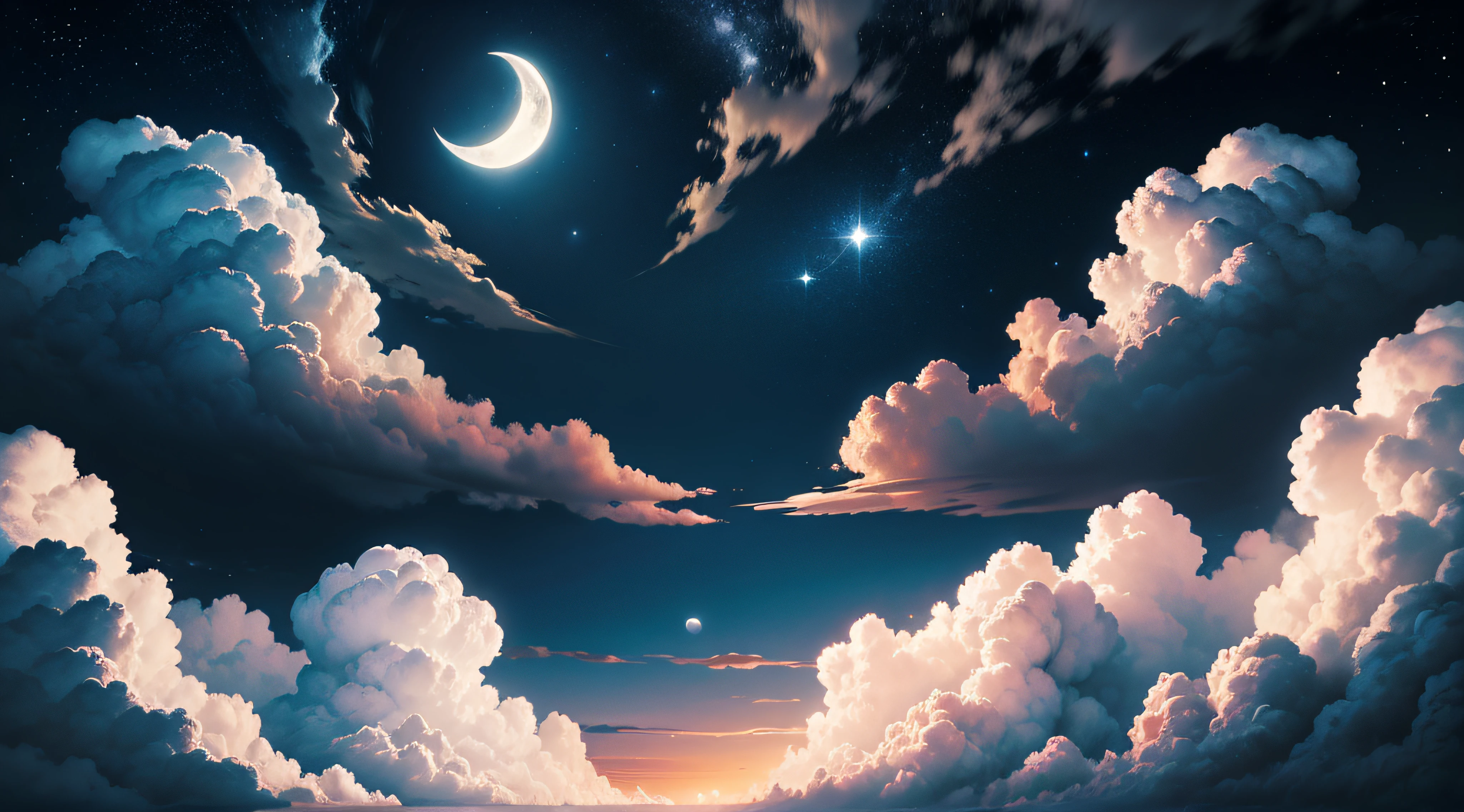 night, moon, stars, clouds
