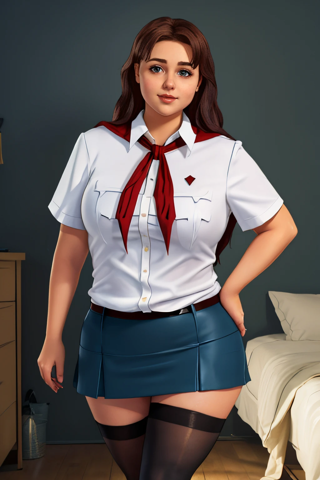 masterpiece, (photorealistic), (8k wallpaper) , (best quality), perfect quality, solo, (detailed eyes:0.9), girl, Olga Dmitrievna, red hair, eating donut, small smile, very young, face : (very young, European, very beautiful face, young). figure : (very full figure, curvy, very plump, very chubby, very chubby belly, love handles, muffin top, very soft, very thick, sexy, sexy pose, fat, fat thighs). clothes: ( short miniskirt, very tight uniform, very tight shirt, ripped tights, ).