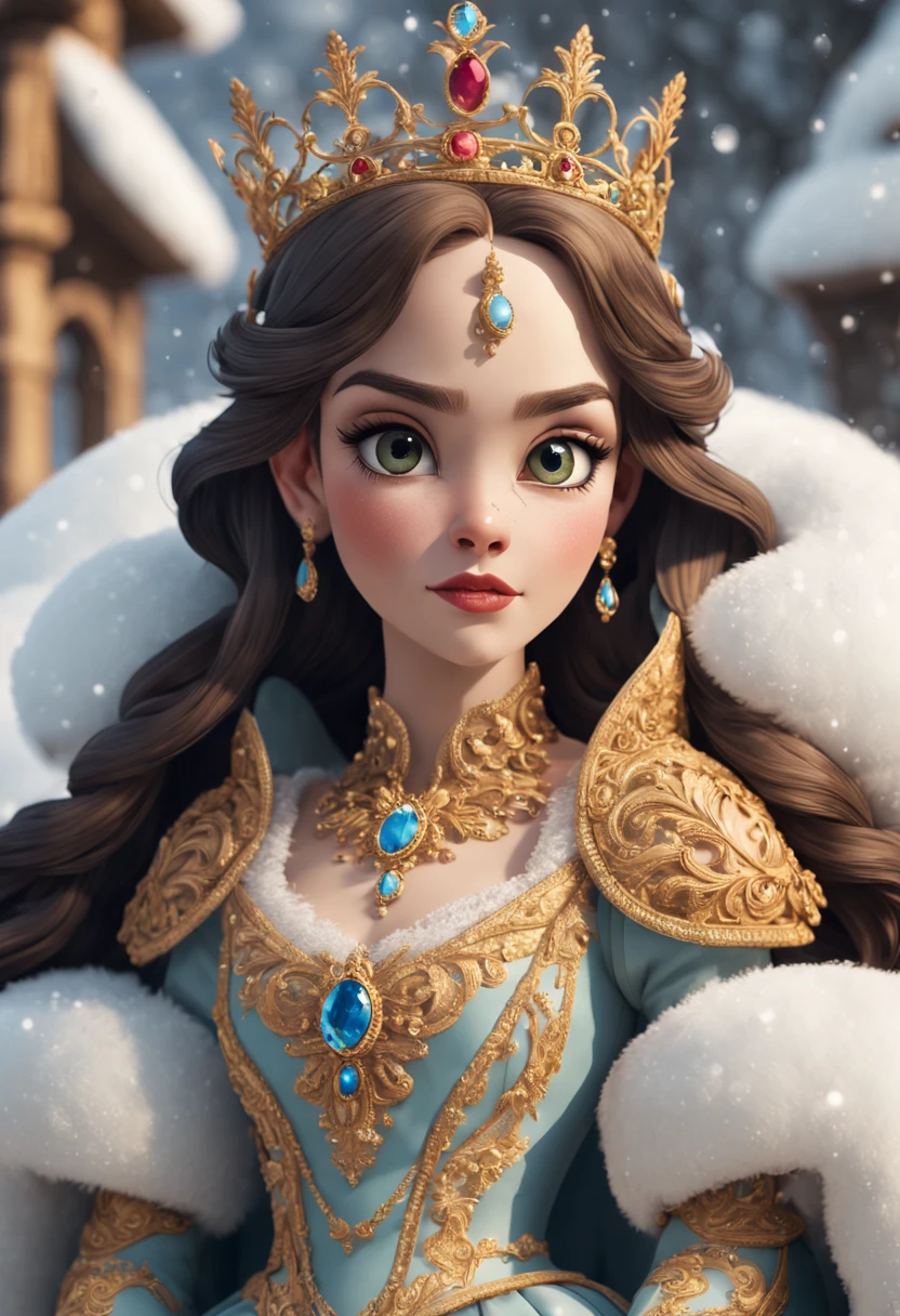 El orgullo, Confiada y noble Reina de las Nieves en la nieve. .Coloca el personaje en el centro de la pantalla..Background covered with film grain., Luz natural suave,(La mejor calidad)ornate queen decoration.hermosa y noble(Detalles complicados)