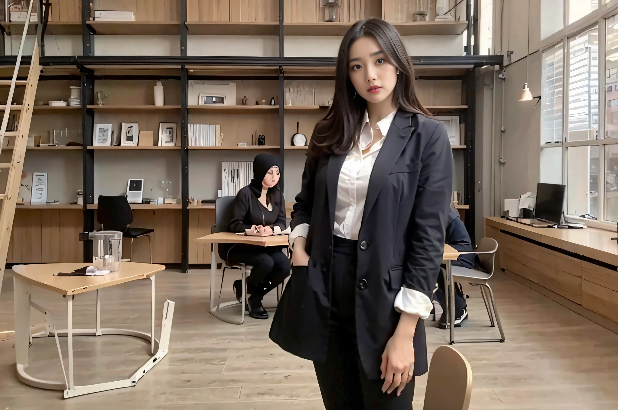 (Best quality, 8k, 32k, Masterpiece, UHD:1.2),Photo of Pretty Japanese woman using hijab,scarft ,big breast, big boobs, large breasts, very short bob har,upper body,face focus,oversized_sweater, necklace, background, from above, looking at viewer,