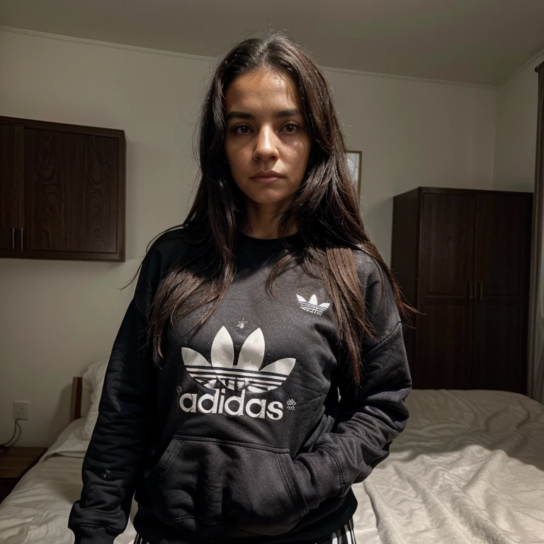 1 23-year-old woman wearing an adidas brand sweatshirt, con un pans negro ancho, en su cuarto, cabello muy lacio, seria