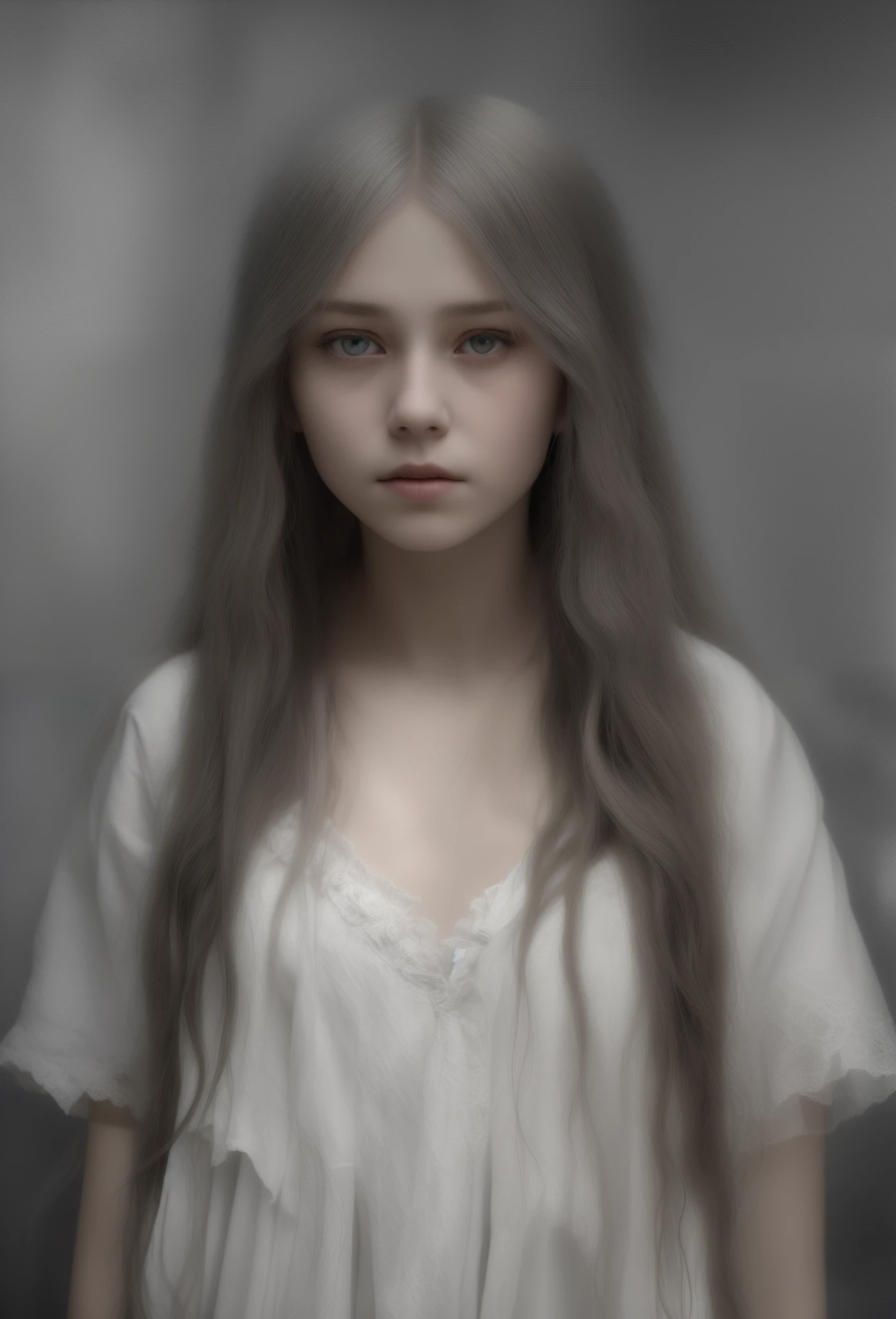 1girl, alone, long hair, Looking at the Viewer, white eyes, empty eyes, long white hair, curled hair, curly, shed, sparse hair, No humans, old man, haunting, mist, portrait, horror (theme), (( (blurry))), master piece, high quality, realistic, detailed, 8k, horror theme,
