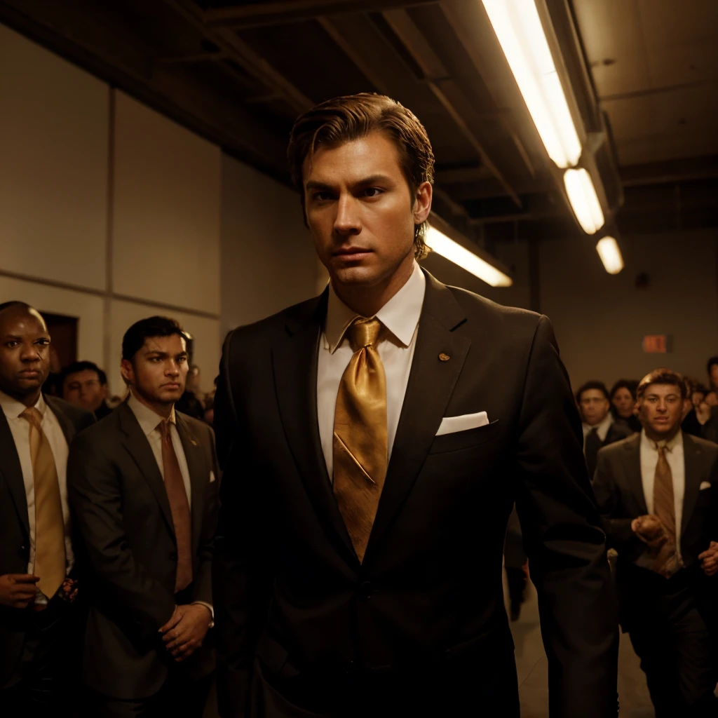 A white person in a dark brown suit with a golden tie, leads his army into battle.