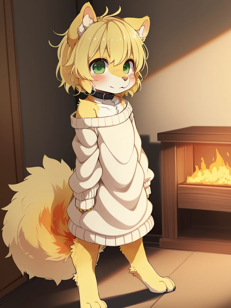 (dark environment:0.8),masterpiece, high quality, absurd res, digital painting \(artwork\), by dagasi, yupa,kiyosan,(((1girl, petite))), dog anthro, best quality, ultra-detailed, illustration, solo, indoors, natural stone walls, foreground, background, defined eyes, short blonde hair, bright green eyes, inside, fiery tail, short girl, dog eariery tail))), detailed face, detailed eyes, detailed fluffy fur, ((fluffy tail)), shoulder length hair, digitigrade, medium breasts, furry, (blonde) ((female)) (((anthro, detailed face, detailed eyes, detailed fluffy fur, fluffy tail, short hair, digitigrade,))) seductive pose, digital painting, natural lighting, cleavage, (((fiery) fur)), shoulder_length_hair, brick_walls, shiba_inu, ((((plain (dirty stained) long white sweater-dress))off the shoulder)) ((green_eyes)), sfw, (((short))) female dog anthro, curled dog tail, ((((large metal) collar), fiery fur pattern, fluffy, animal_ear_fluff, )) fluffy tail, (red and yellow fur:1.5),(anthro, snout,furry:2.0), (detailed blonde fluffy fur:1.5), flame_print on body_fur, chest floof, flame in the fur, short!, smol!,three sided view, dutch angle