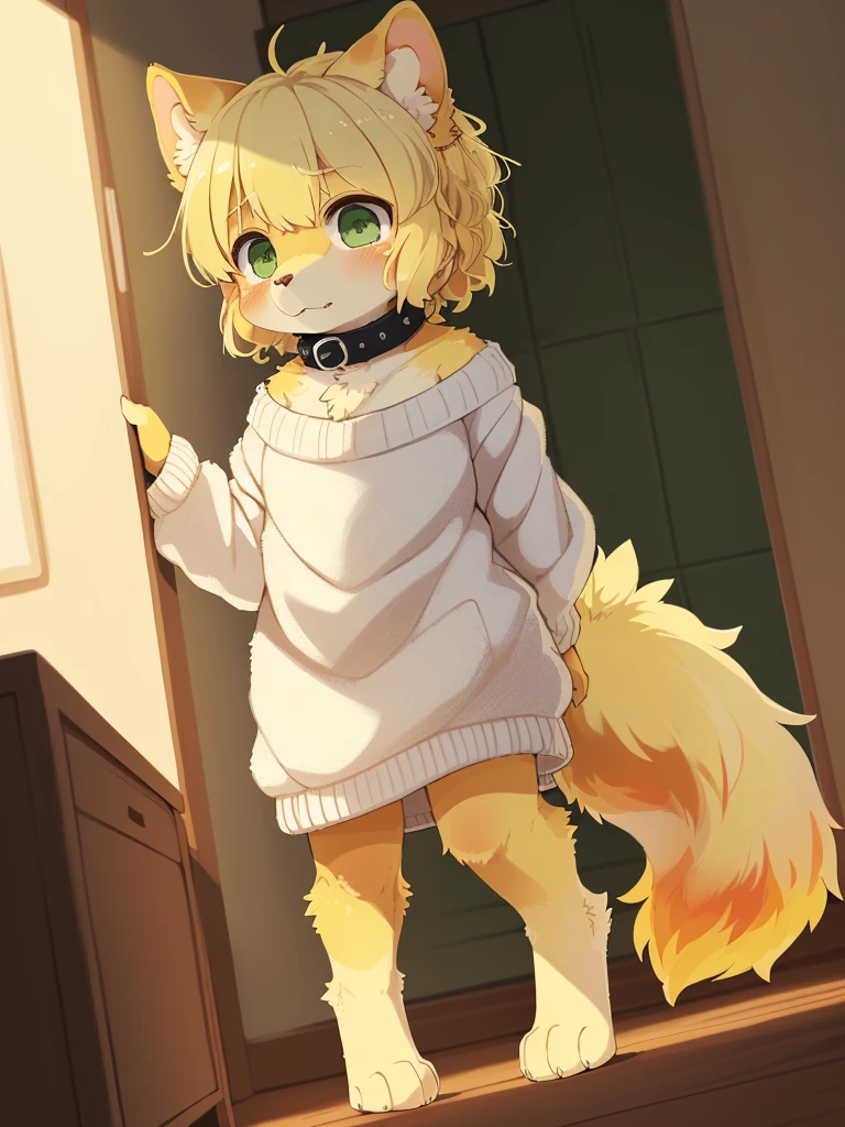 (dark environment:0.8),masterpiece, high quality, absurd res, digital painting \(artwork\), by dagasi, yupa,kiyosan,(((1girl, petite))), dog anthro, best quality, ultra-detailed, illustration, solo, indoors, natural stone walls, foreground, background, defined eyes, short blonde hair, bright green eyes, inside, fiery tail, short girl, dog eariery tail))), detailed face, detailed eyes, detailed fluffy fur, ((fluffy tail)), shoulder length hair, digitigrade, medium breasts, furry, (blonde) ((female)) (((anthro, detailed face, detailed eyes, detailed fluffy fur, fluffy tail, short hair, digitigrade,))) seductive pose, digital painting, natural lighting, cleavage, (((fiery) fur)), shoulder_length_hair, brick_walls, shiba_inu, ((((plain (dirty stained) long white sweater-dress))off the shoulder)) ((green_eyes)), sfw, (((short))) female dog anthro, curled dog tail, ((((large metal) collar), fiery fur pattern, fluffy, animal_ear_fluff, )) fluffy tail, (red and yellow fur:1.5),(anthro, snout,furry:2.0), (detailed blonde fluffy fur:1.5), flame_print on body_fur, chest floof, flame in the fur, short!, smol!,three sided view, dutch angle