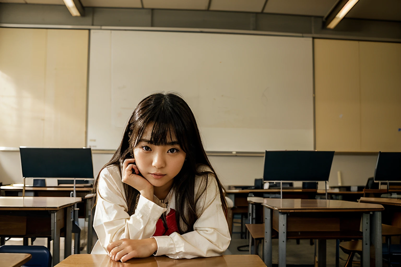 I want a Japanese girl around 25 years old in a classroom, sitting at the classroom table in vulgar clothes