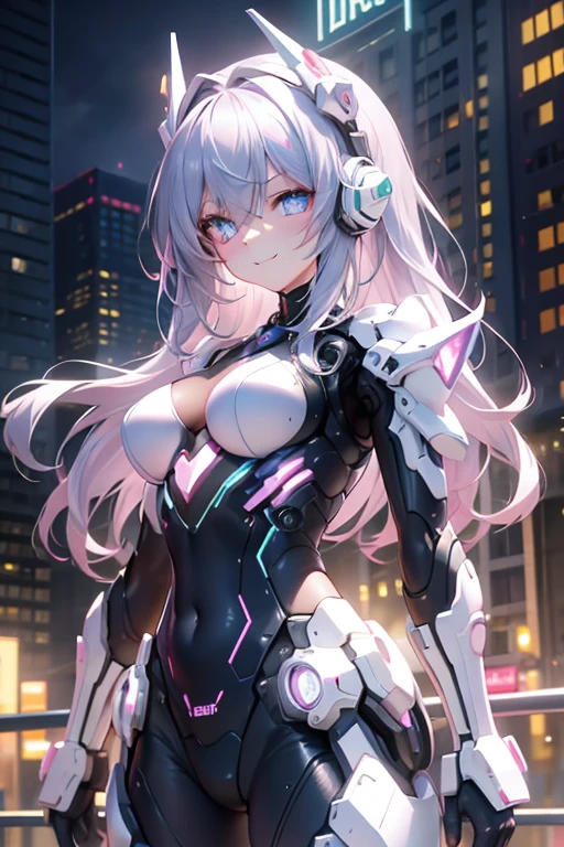 Award winning photo portrait of a cute smiling girl standing outside a cyberpunk neon city street：An award-winning photo of an electronic human，A beam of illuminated fiber-optic cable：0.2]，epic realistic，Artistically，（HDR：1.2），（pastel colour： 1.2)、downy、ultra - detailed、(artstation:1.5)、warm lights、Dramaticlight、(complexdetails:1.2)、Vignette、Complex background