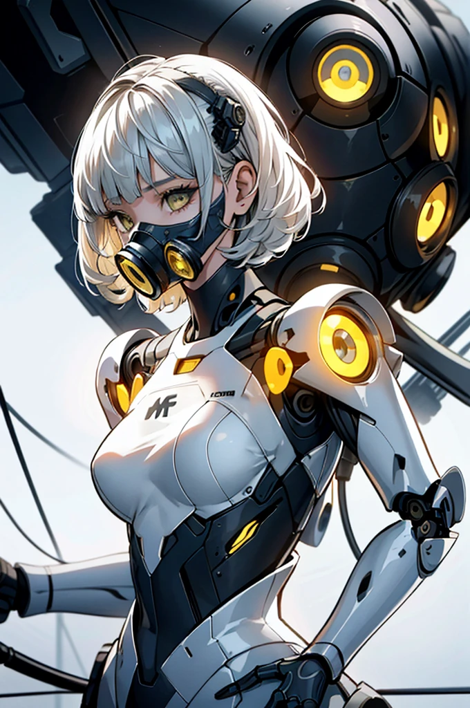 (masterpiece:1.2,high quality), 1girl, ((ultra realistic details)), global illumination, shadows, Unreal Engine, octane render, 8k, ultra sharp, metal, intricate, ornaments detailed, highly intricate details, yellow eyeechanical body:1.2), white hair, (black gas mask), Gear, bob cut, hundreds of wires, Terran, (Robot, android:1.15), Apocalypse, broken buildings