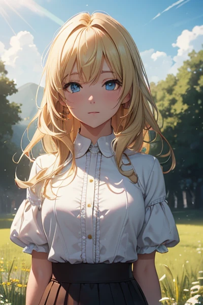 (Extremely detailed CG unity 8k wallpaper,Masterpiece, Best Quality, Ultra-detailed),green field setting,sunlight shining,beautiful blonde girl,Blue Eyes, White blouse, moderately small chest