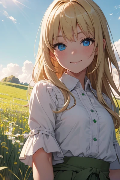 (Extremely detailed CG unity 8k wallpaper,Masterpiece, Best Quality, Ultra-detailed),green field setting,sunlight shining,beautiful blonde little girl,Blue Eyes, White blouse, moderately small chest, Smiling faces