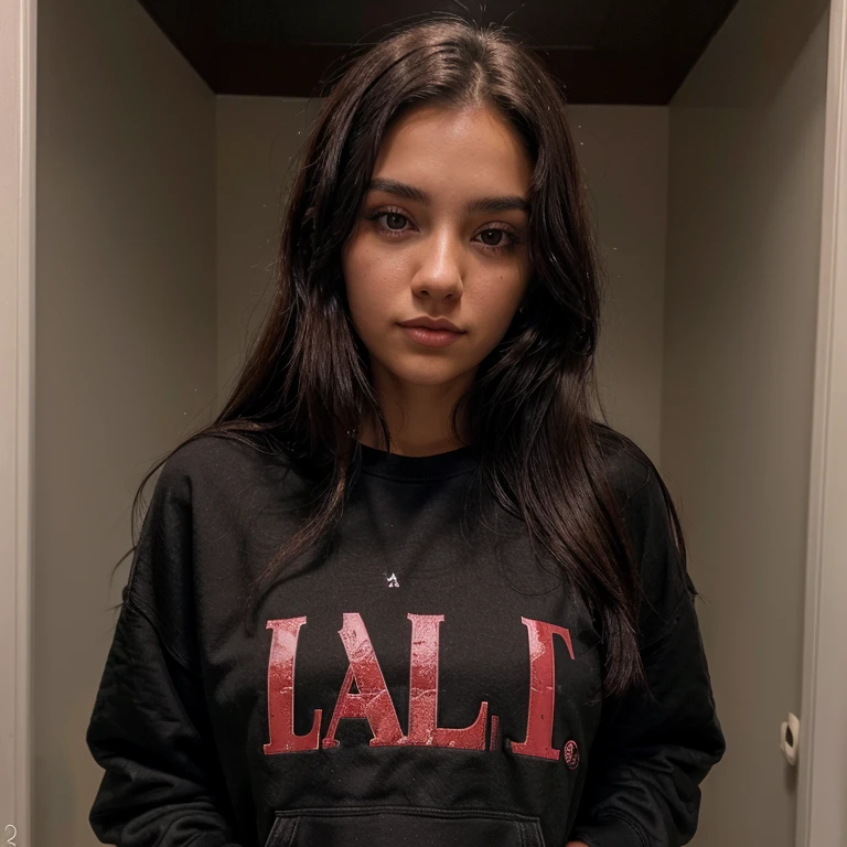 23 year old woman wearing a black sweatshirt, con un pans negro ancho, de noche, cabello lacio, ojos almendrado, labios rosados