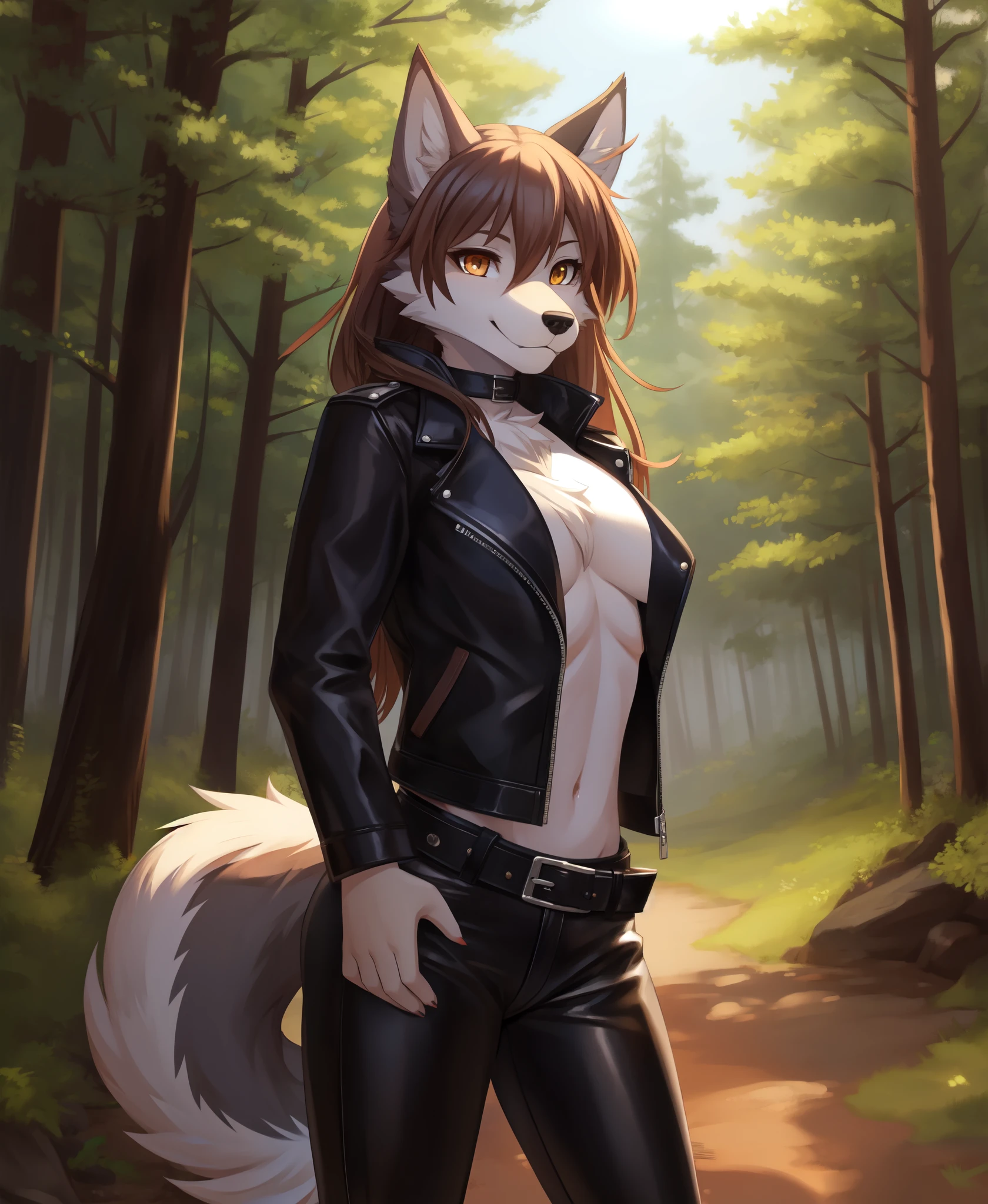 1girl, solo, masterpiece,  wolf girl, furry, anthro, body fur, wolf tail, outdoors, scenery, forest, leather jacket, leather pants, belt,