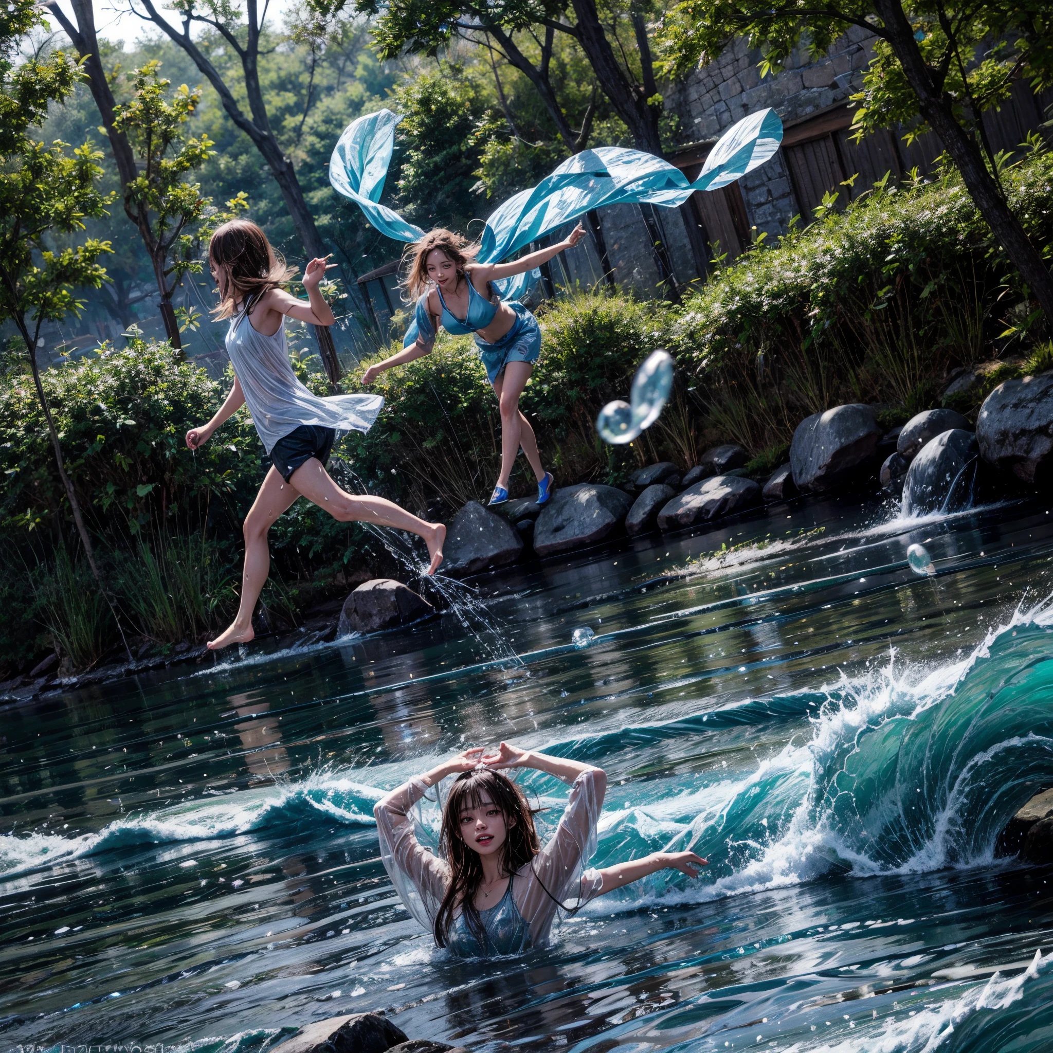 (8K TopQuality masterpiece: 1.2)(Realistic ProfessionalPhoto:1.37), VolumetricLighting. Tiny Girls, girl jumping into the water、Falling、splash water、shout、Luminous water surface、White and Bright colors, back lighting, Radiant PearlSkin, sparkling highlights, Detailed KAWAII face with cute lips, long eyelashes, Delicate clothes, Detailed open crotch, MotionBlur, Dynamic Joyful Expressions LifeLike Rendering, Full of Water Everything Wetted, (Uncorrected hand:-1)