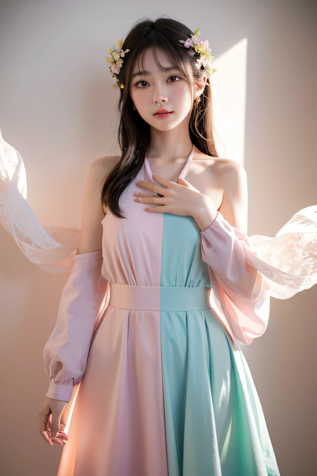 dried flower、Japan Beautiful Girls。Produces high-quality female images with an innovative artistic atmosphere that stands out in pastel colors。She has her own fashion style、Dressed in glamorous and soft pastel costumes。Against the background of a fantastic and fantastical landscape.、Pastel lights and abstract elements are interwoven。her pose is sophisticated.、Gives a sense of natural movement and dynamism。Light and shadow effects are presented attractively、The finely drawn faces and expressions are full of emotion、Full of charm...。The overall atmosphere is modern and innovative., yet、It has a unique artistic touch.。This high quality image、Pastel colors look beautiful、Evokes visual stimuli and aesthetic sensations、It interests the viewer、You will be amazed。Create pieces that incorporate the vibrancy and artistic elements of pastel colors。