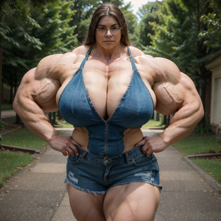 A HD 4K full body Photo of a beautiful, huge, enormous, buff, giant, Female bodybuilder, muscle goddess, huge arms and huge legs, giant boobs, enormous muscles, big beautiful eyes, long hair, walking barefoot, in Buxton, long dark hair, wearing reading glasses, a tight vest and ripped jean shorts, photorealistic