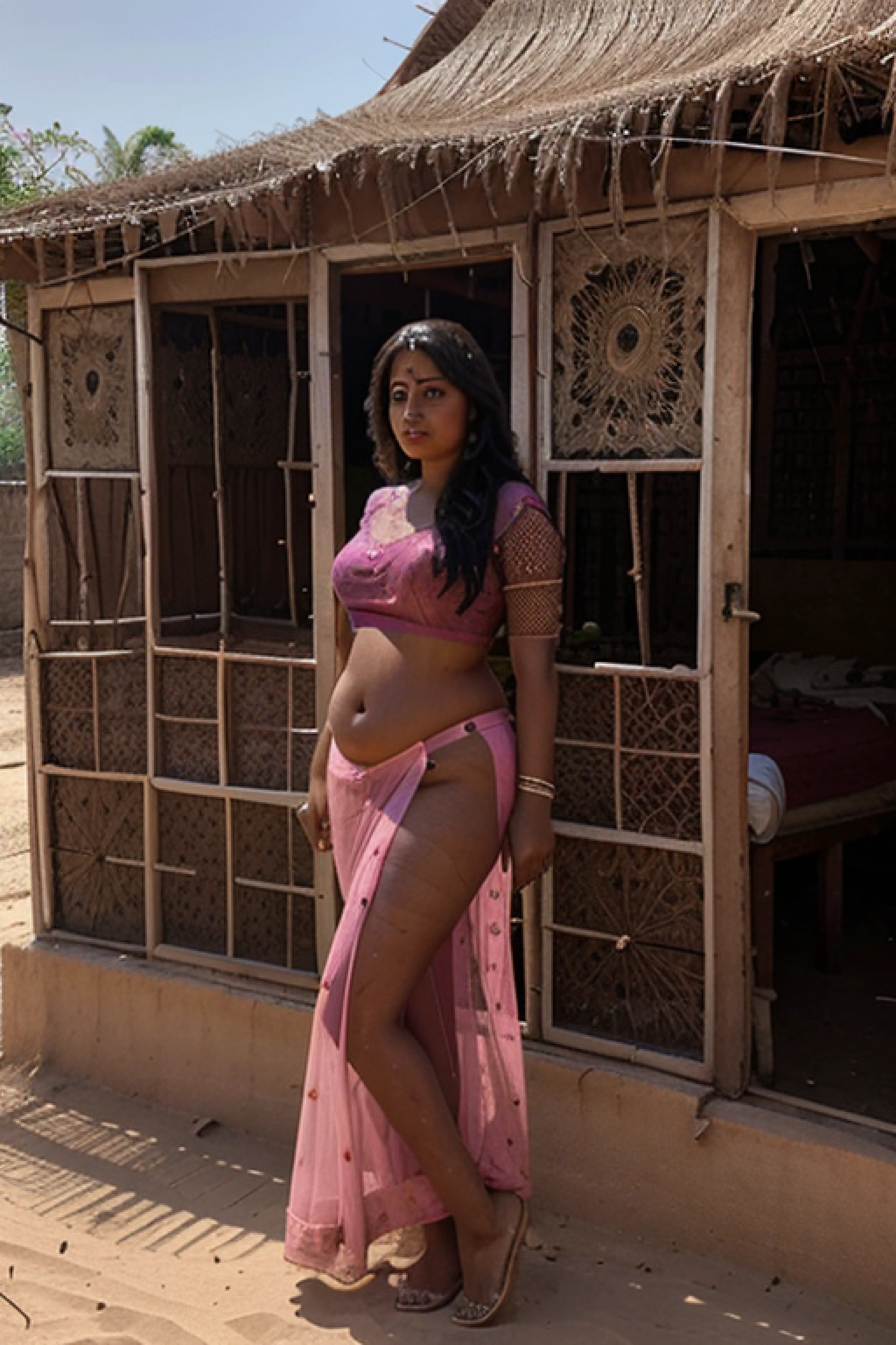 Tamil Nadu sexy chubby aunty at age of 20 in Rajasthani transparent sexy peacock-pink blouse and long transparent sexy peacock-black net-skirt and showing her sexy full body structure mud house at desert