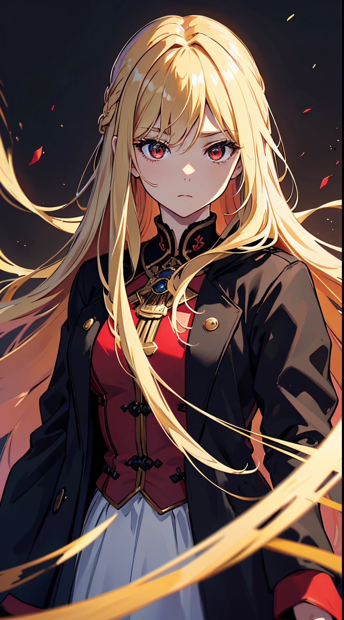 topquality、Outstanding picture quality、tmasterpiece、middle-aged girl((Medium bust,beautiful red color eyes,blond long hair、well-proportioned、black coat))hiquality、Beautiful art、Background from))Thoughtful design、visual art、Depth of field、better lighting、極端なディテール、8k,super delicate,
