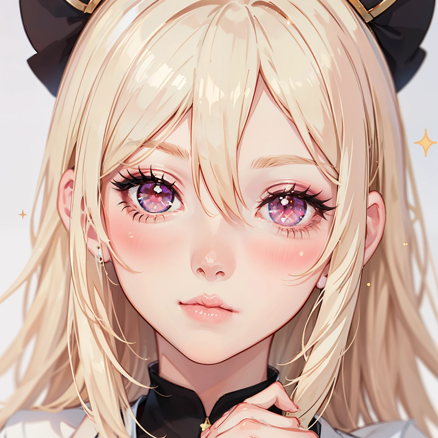 anime girl with blonde hair, Aegyo-sal, eyebags, makeup, blush, blush nose, glitter makeup on eyes, perfect anime face, semi - realistic anime, detailed anime soft face, pink eyes