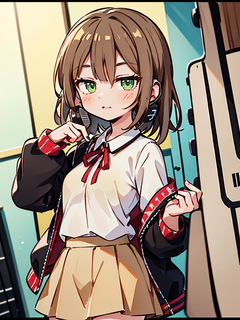 ((((Riina Tada from Idol master)))), ((1little girl)), 16yo, (((light brown hair))), (green eyes), ((Hair parting is on the left side)), (((diagonal bangs))), (Blunt bangs), (middle hair),  (((headphones on her neck))), (with guitar case), 
White tee shirt, pleatedskirt, Black jacket,
((small tits)), music studio,