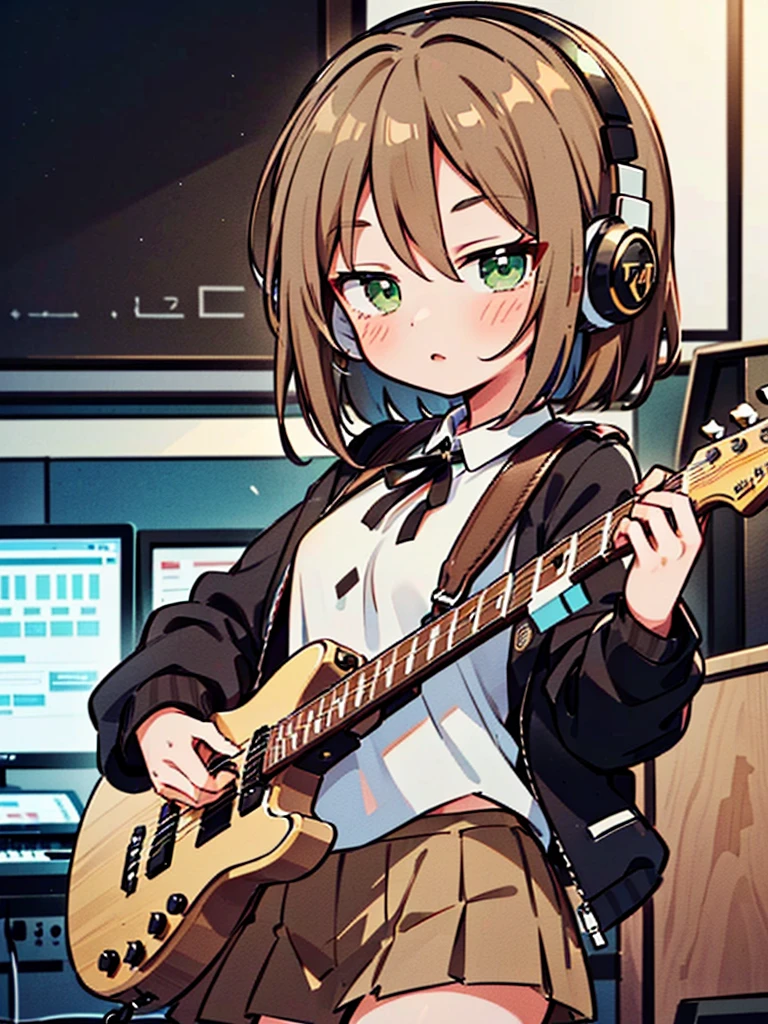 ((((Riina Tada from Idol master)))), ((1little girl)), 16yo, (((light brown hair))), (green eyes), ((Hair parting is on the left side)), (((diagonal bangs))), (Blunt bangs), (middle hair),  (((headphones on her neck))), (with guitar case), 
White tee shirt, pleatedskirt, Black jacket,
((small tits)), music studio,