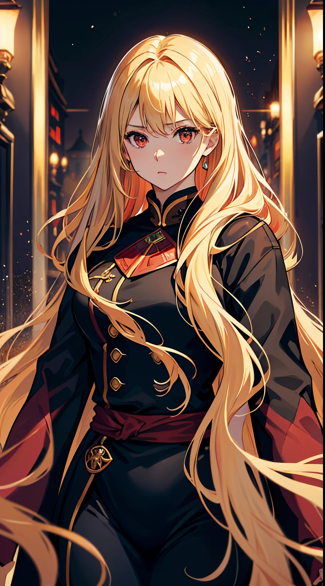 topquality、Outstanding picture quality、tmasterpiece、middle-aged girl((Medium bust,beautiful red color eyes,blond long hair、well-proportioned、black coat))hiquality、Beautiful art、Background from))Thoughtful design、visual art、Depth of field、better lighting、極端なディテール、8k,super delicate,
