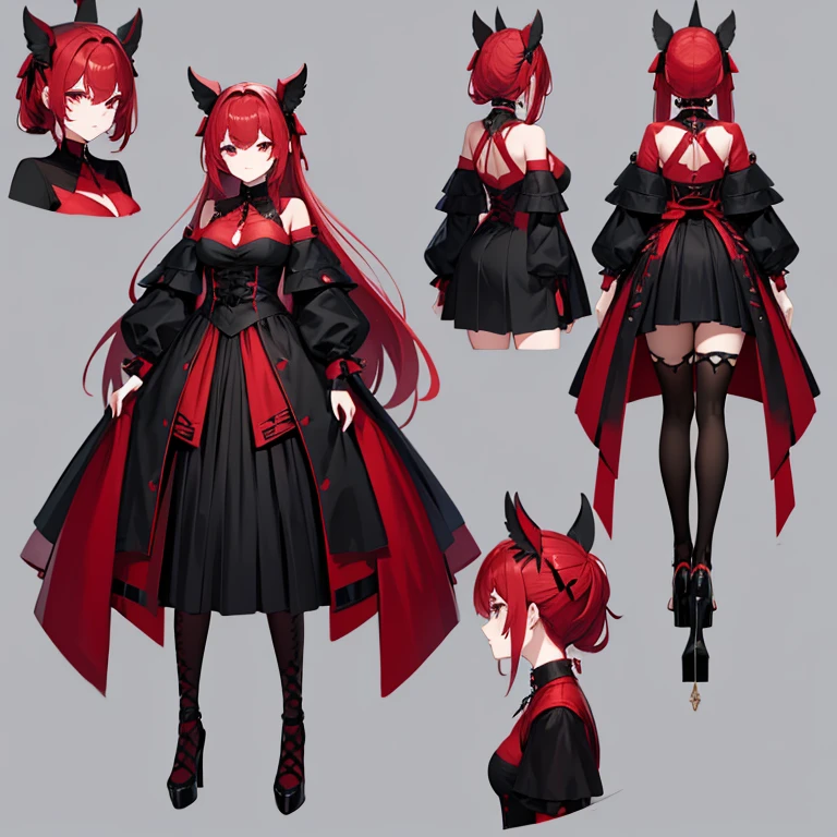 (best quality, anime), over size, front view, mature female, bad girl, red hair, looking at the viewer, large breasts, drees, character design sheet, different poses, different angles