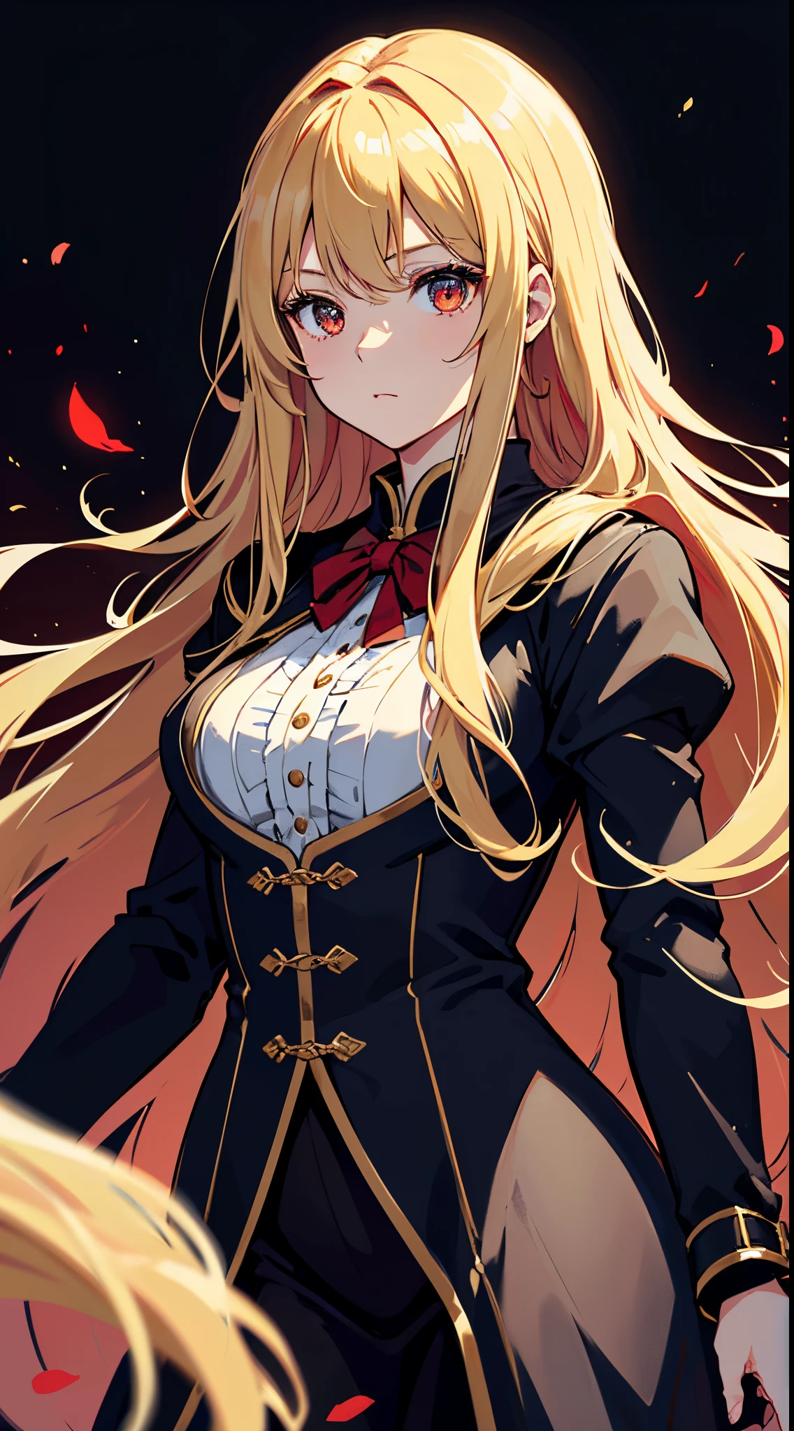 topquality、Outstanding picture quality、tmasterpiece、middle-aged girl((Medium bust,beautiful red color eyes,blond long hair、well-proportioned、black coat))hiquality、Beautiful art、Background from))Thoughtful design、visual art、Depth of field、better lighting、極端なディテール、8k,super delicate,