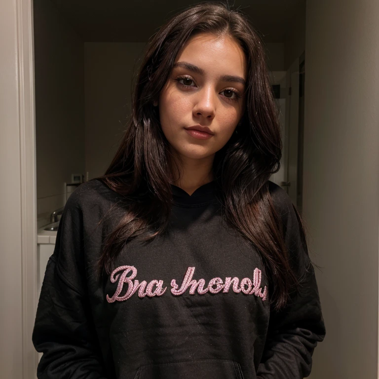 23 year old woman wearing a black sweatshirt, con un pans negro ancho, de noche, straight brown hair, ojos almendrado, labios rosados